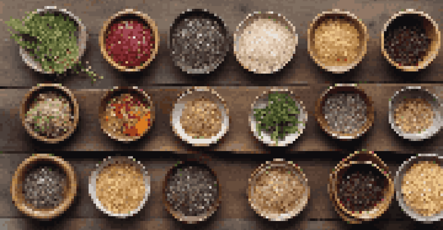 An assortment of foraged wild grains on a wooden table, surrounded by vegetables and herbs.