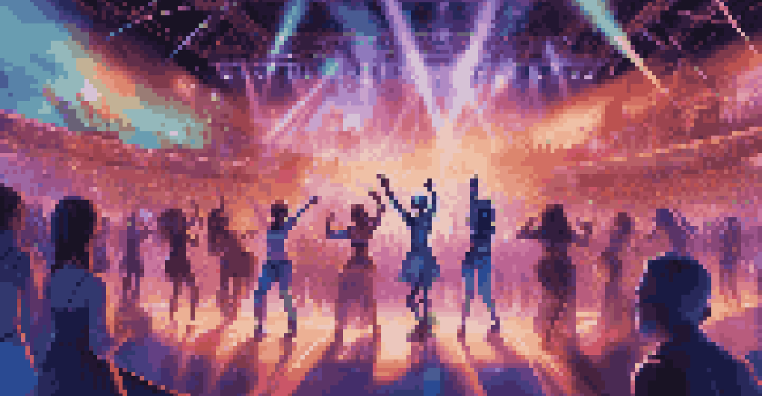 Avatars dancing at a virtual reality concert with vibrant lights and a beautiful skyline in the background.