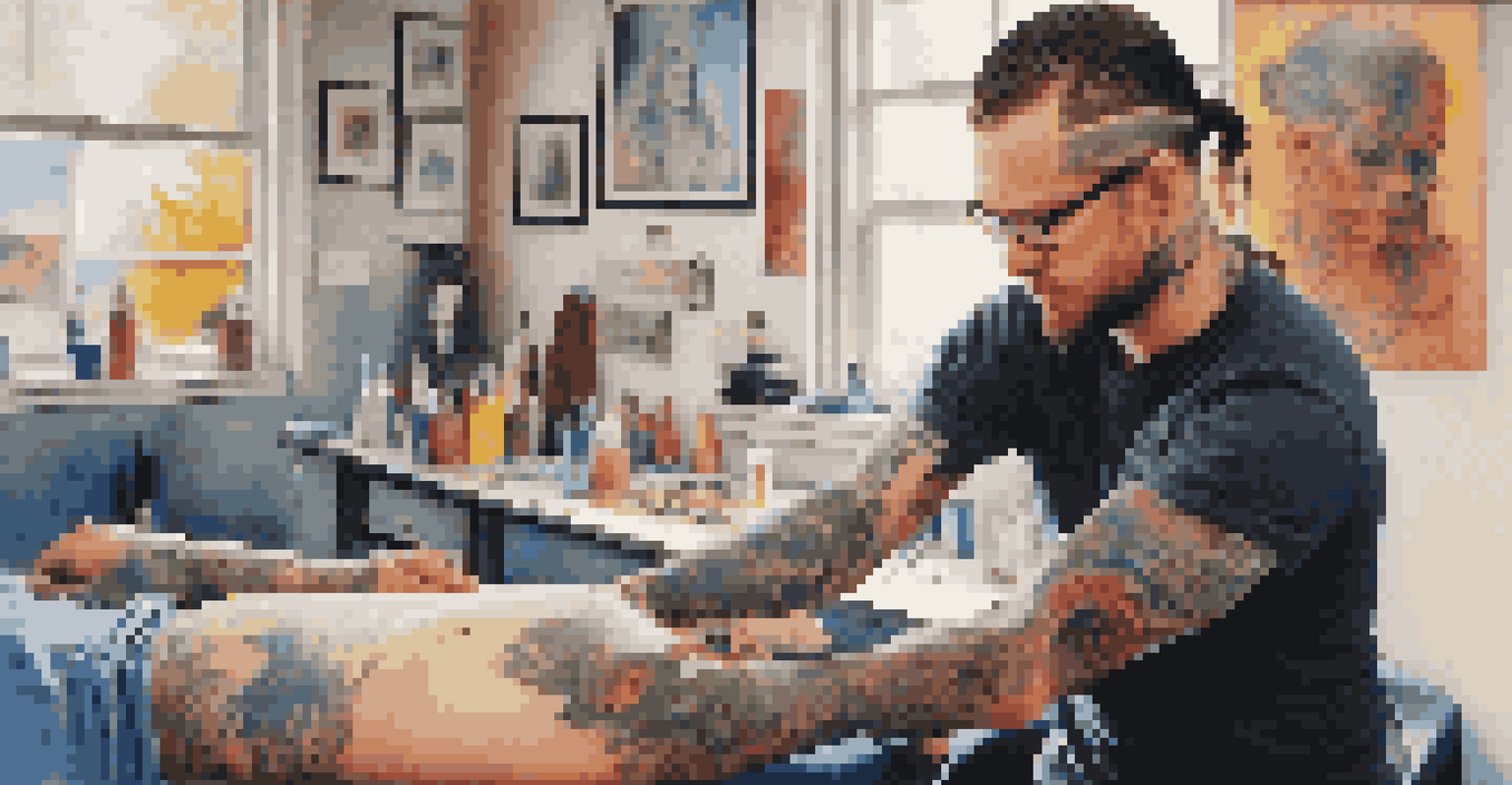 A tattoo artist applying a vibrant watercolor tattoo on a client's arm in a modern studio.