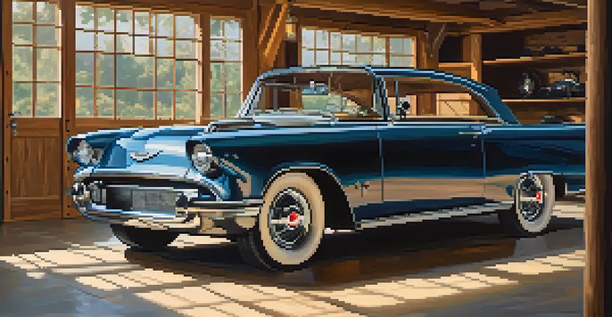 A classic car in a sunlit garage with polished bodywork and detailed features, surrounded by tools and wooden beams.
