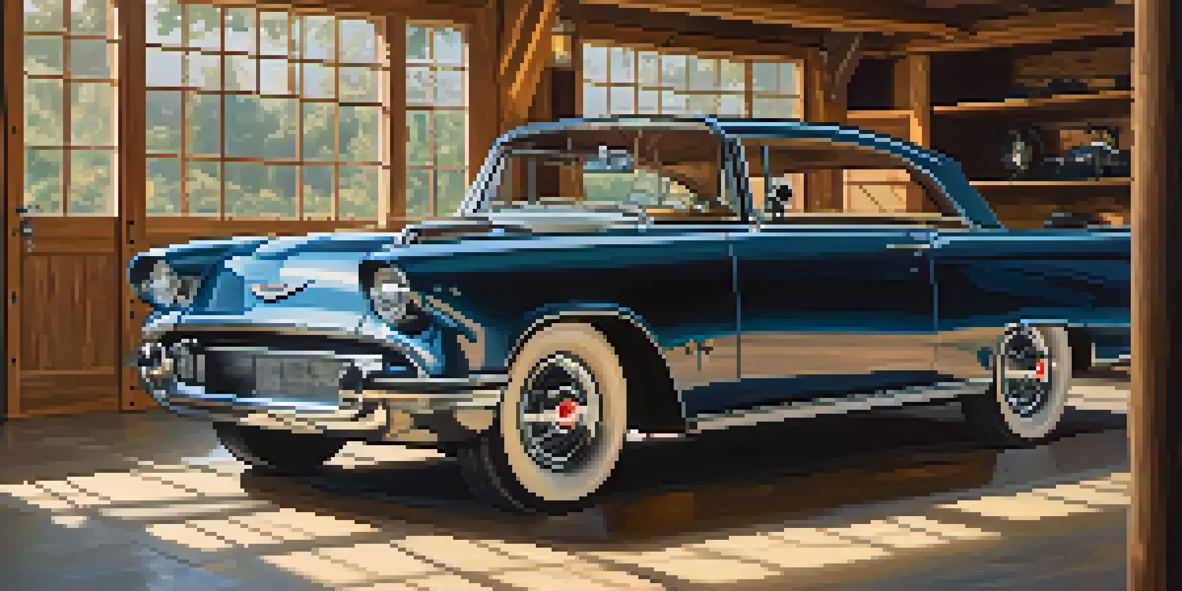 A classic car in a sunlit garage with polished bodywork and detailed features, surrounded by tools and wooden beams.