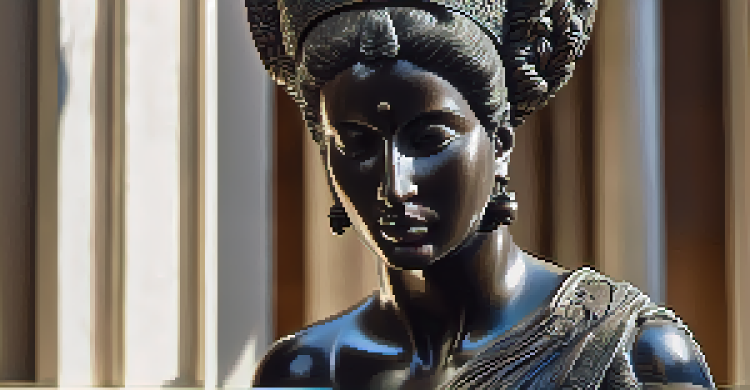 A detailed close-up of a sculpture, showcasing its textures and intricate craftsmanship with dramatic lighting.