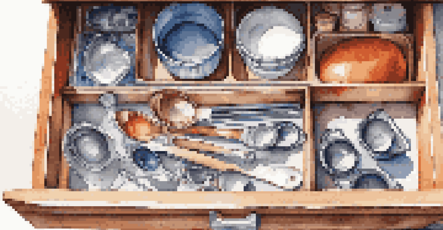 An organized kitchen drawer filled with measuring cups, spoons, and a digital kitchen scale, arranged neatly with soft light illuminating the contents.