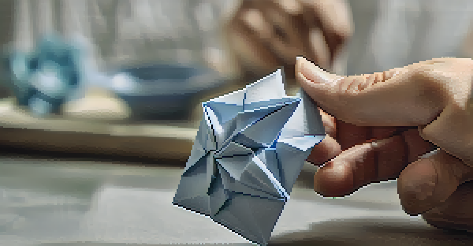 Close-up of hands folding origami paper, showcasing detailed folds and textures.