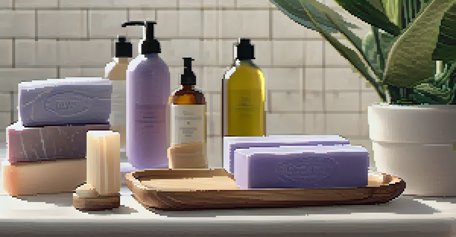 A bathroom scene with artisanal soaps on a wooden dish, surrounded by towels and a plant.