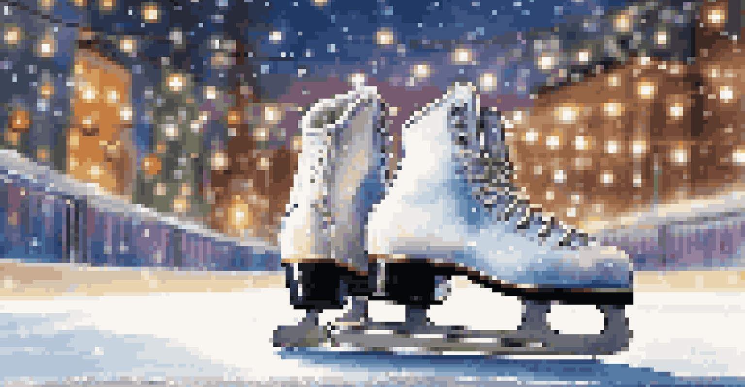 Close-up of ice skates on a snowy surface with a bright ice skating rink in the background, showcasing a festive atmosphere.