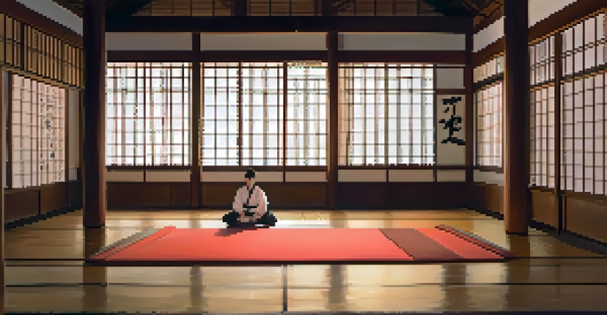 A sensei performing a kata in a softly lit dojo, with traditional decor and warm ambiance.