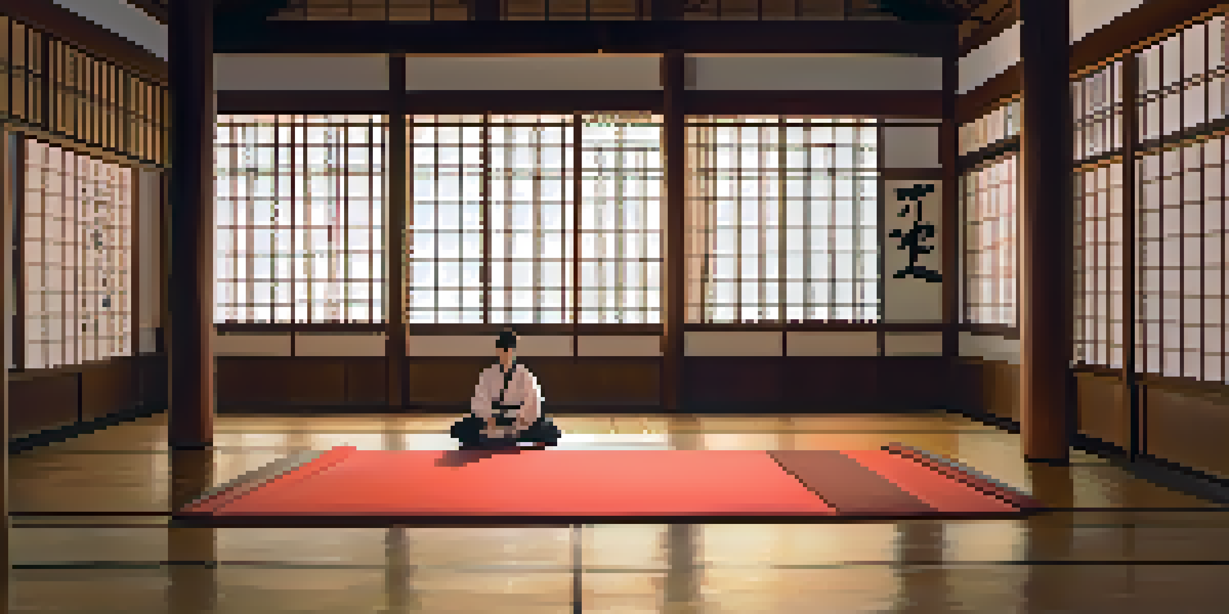 A sensei performing a kata in a softly lit dojo, with traditional decor and warm ambiance.