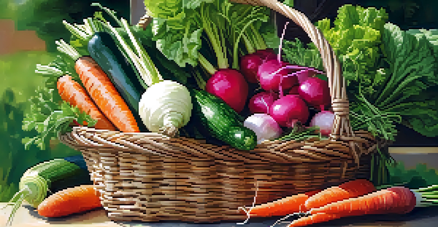 A close-up of a hand holding a basket of freshly harvested organic vegetables in a sunny garden.