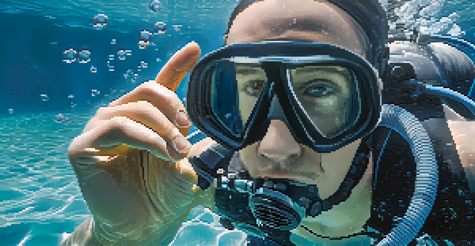 A close-up of a scuba diver's hand pinching their nose to equalize ear pressure underwater, with bubbles and a blurred underwater scene.