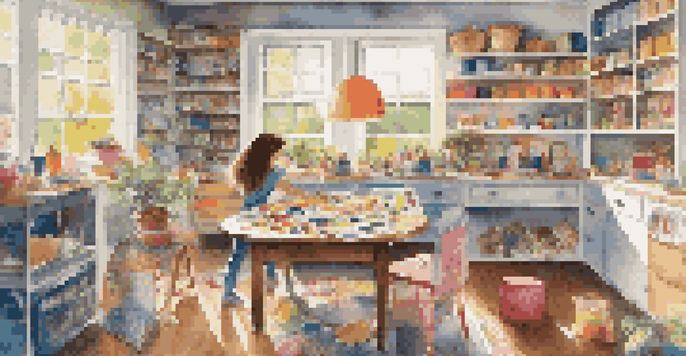 A colorful craft room with a child making a paper plate mask, surrounded by art supplies and nature-themed decorations.