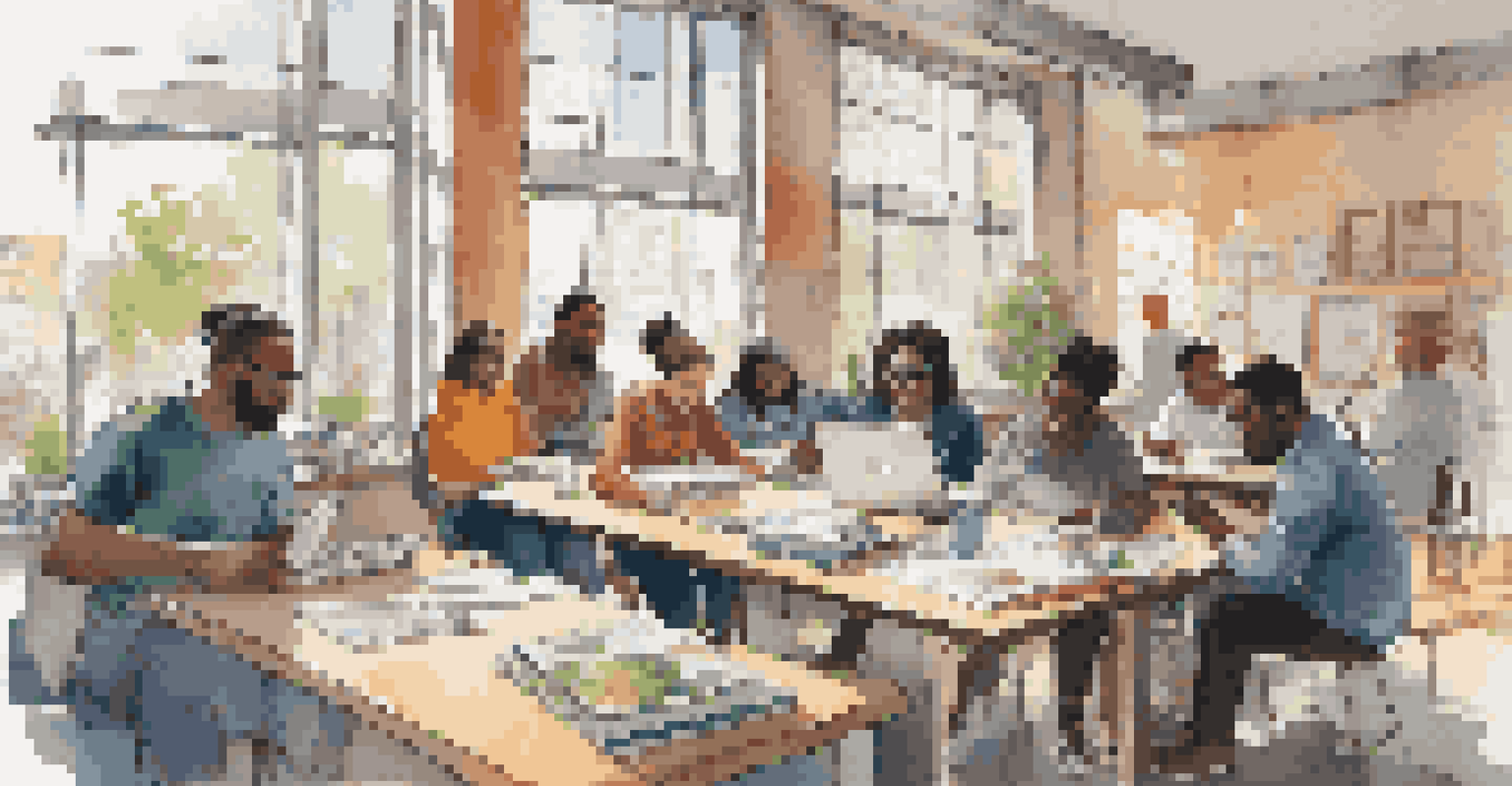 A diverse group of writers in an urban workshop, sitting around a table filled with notebooks and laptops, discussing ideas.