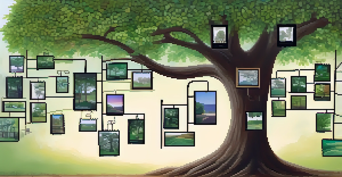 A family tree graphic showing a large tree with branches labeled with names and dates, surrounded by vintage photographs.