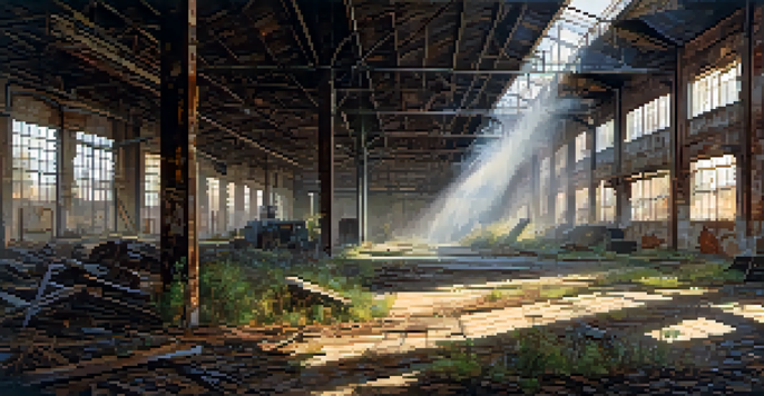 A deserted factory with rusted machinery, peeling walls, and sunlight filtering through broken windows.