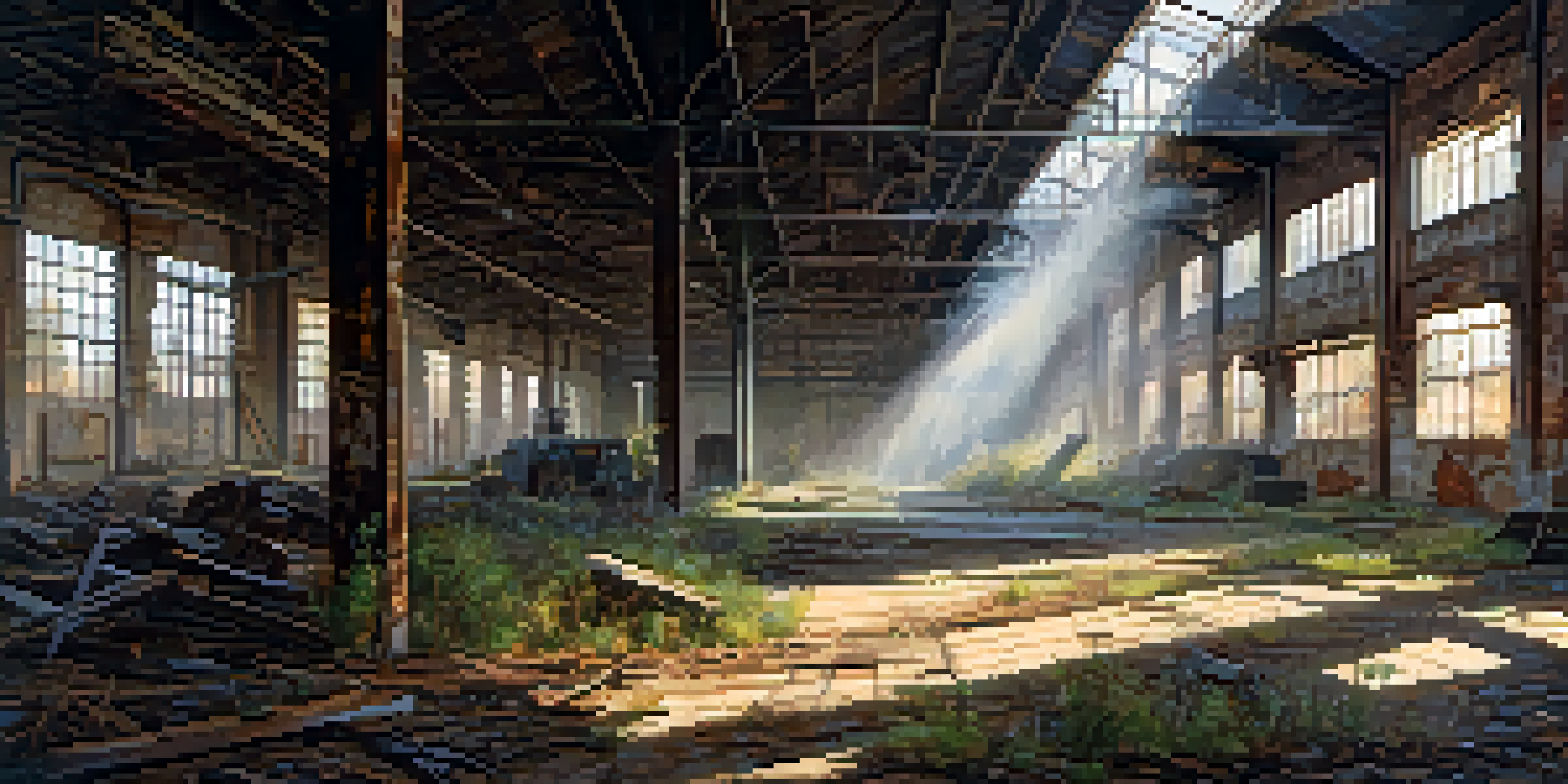 A deserted factory with rusted machinery, peeling walls, and sunlight filtering through broken windows.