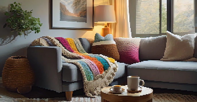 A cozy living room with a chunky knit throw blanket on a grey sofa, colorful crocheted pillows, and a warm golden light.