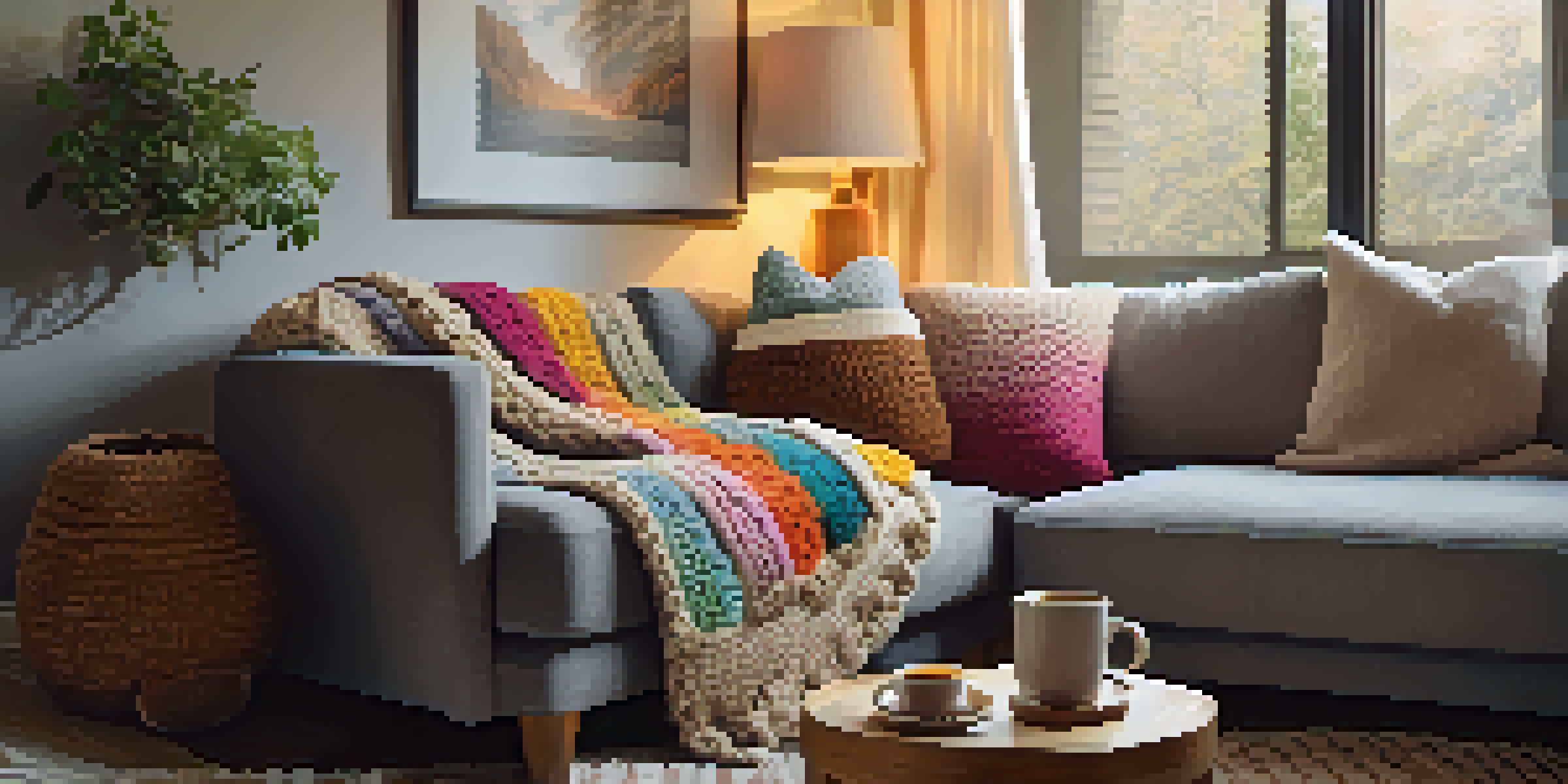 A cozy living room with a chunky knit throw blanket on a grey sofa, colorful crocheted pillows, and a warm golden light.