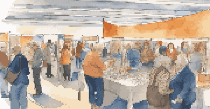 A lively genealogy conference with diverse attendees engaging around a resource booth, showcasing banners and discussions.