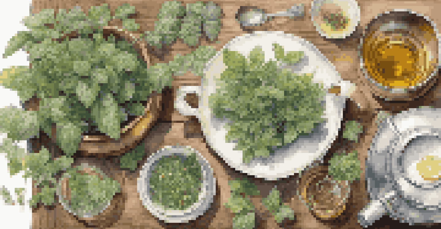 A wooden table with freshly harvested wild tea plants and a glass teapot filled with brewed tea.