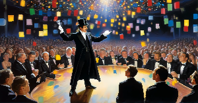 A magician in a tuxedo performing a card trick on stage, with colorful lights and an engaged audience.