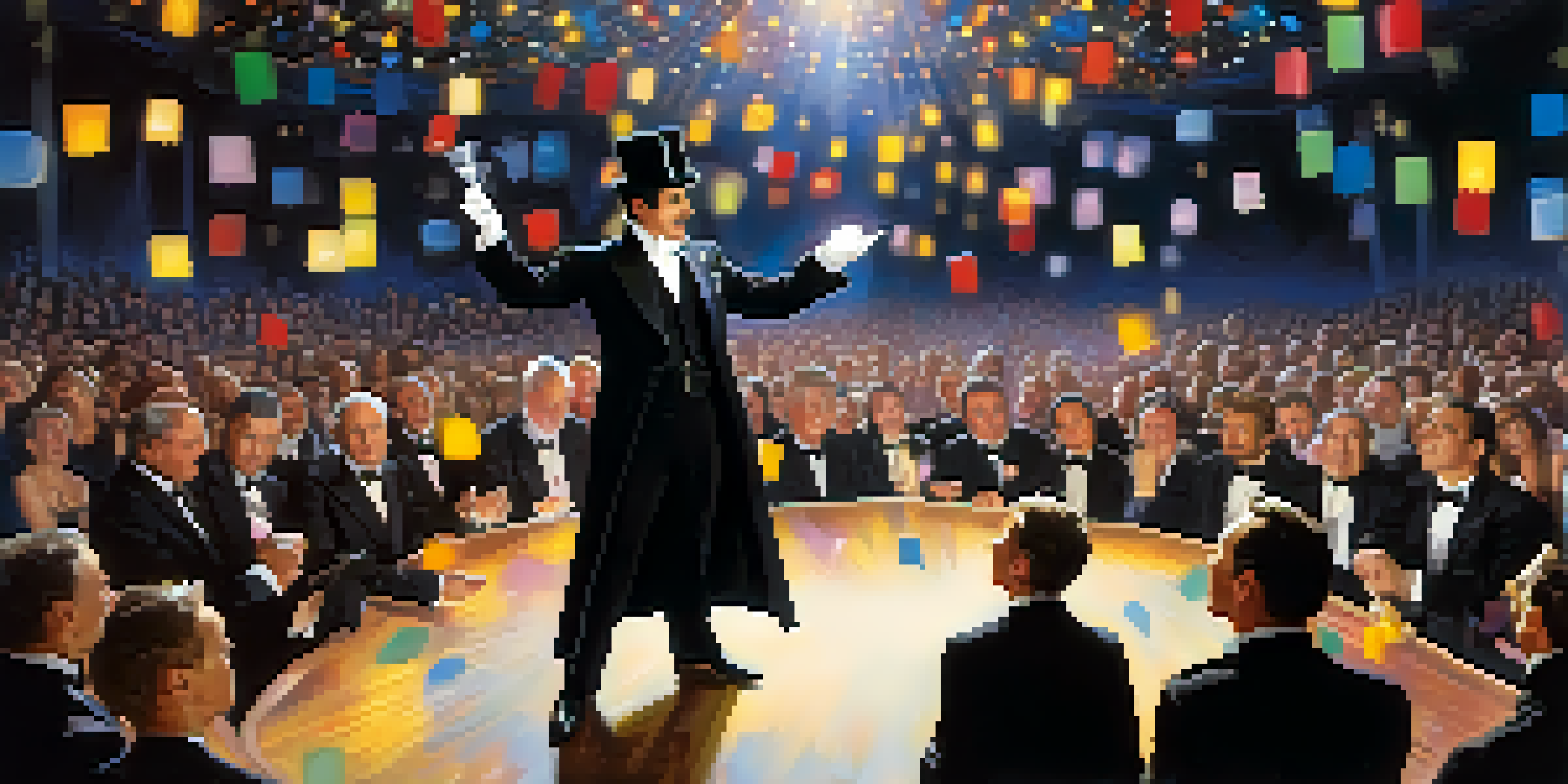 A magician in a tuxedo performing a card trick on stage, with colorful lights and an engaged audience.