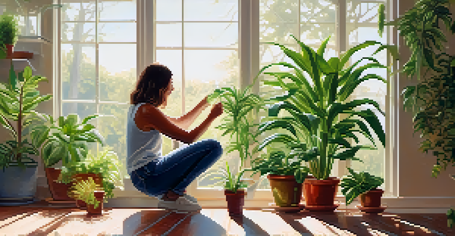 A smiling person watering indoor plants, including a ZZ Plant and a Spider Plant, in a bright, sunlit room.