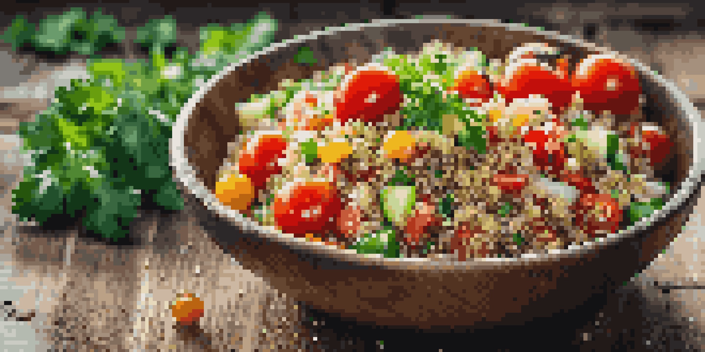 A colorful quinoa salad in a bowl with cherry tomatoes, cucumbers, and parsley on a wooden table.
