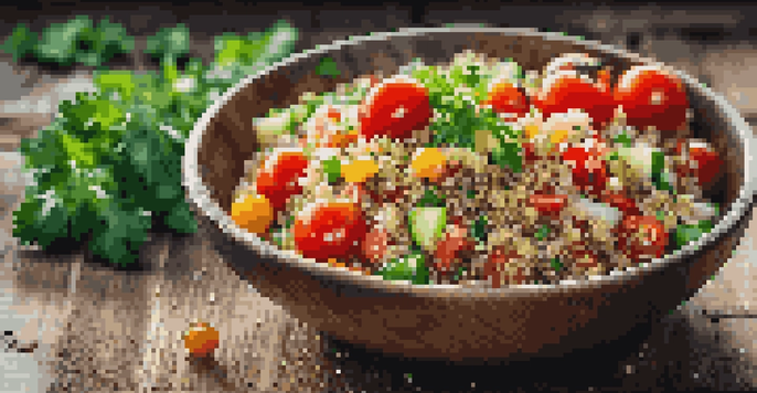 A colorful quinoa salad in a bowl with cherry tomatoes, cucumbers, and parsley on a wooden table.