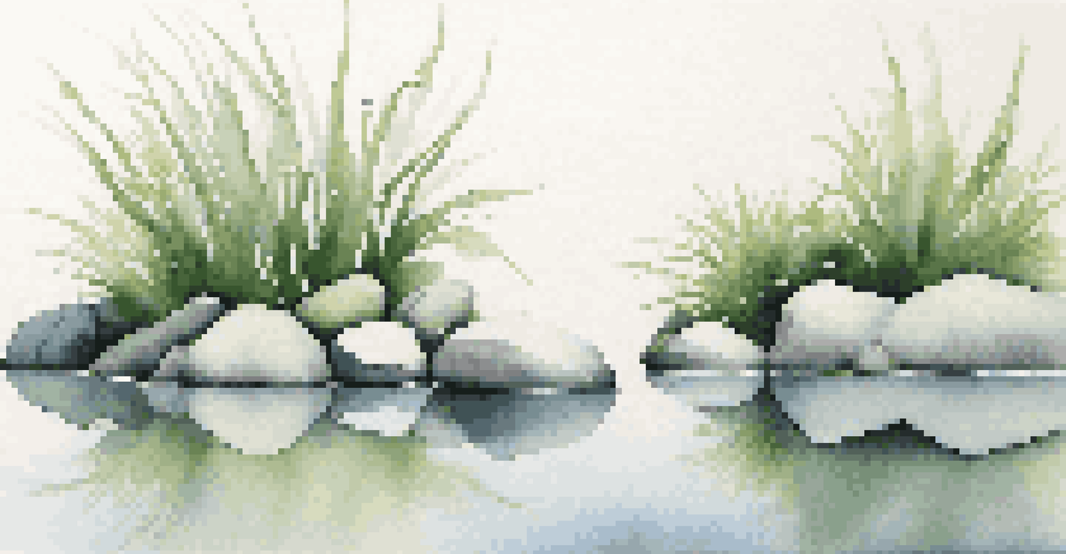 A minimalist underwater scene with white stones and sparse green plants, showcasing simplicity and elegance.