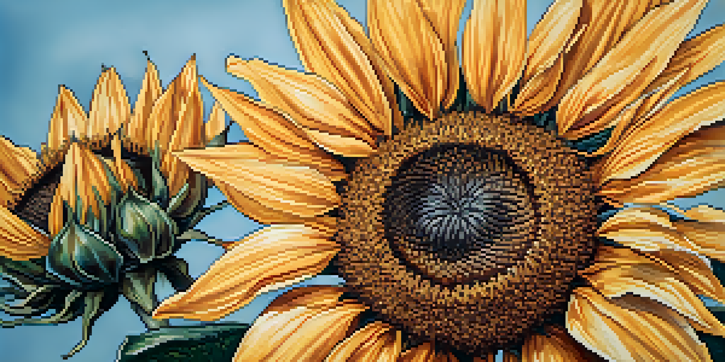 A detailed watercolor tattoo of a sunflower with bright yellow petals and a brown center on a soft blue background.