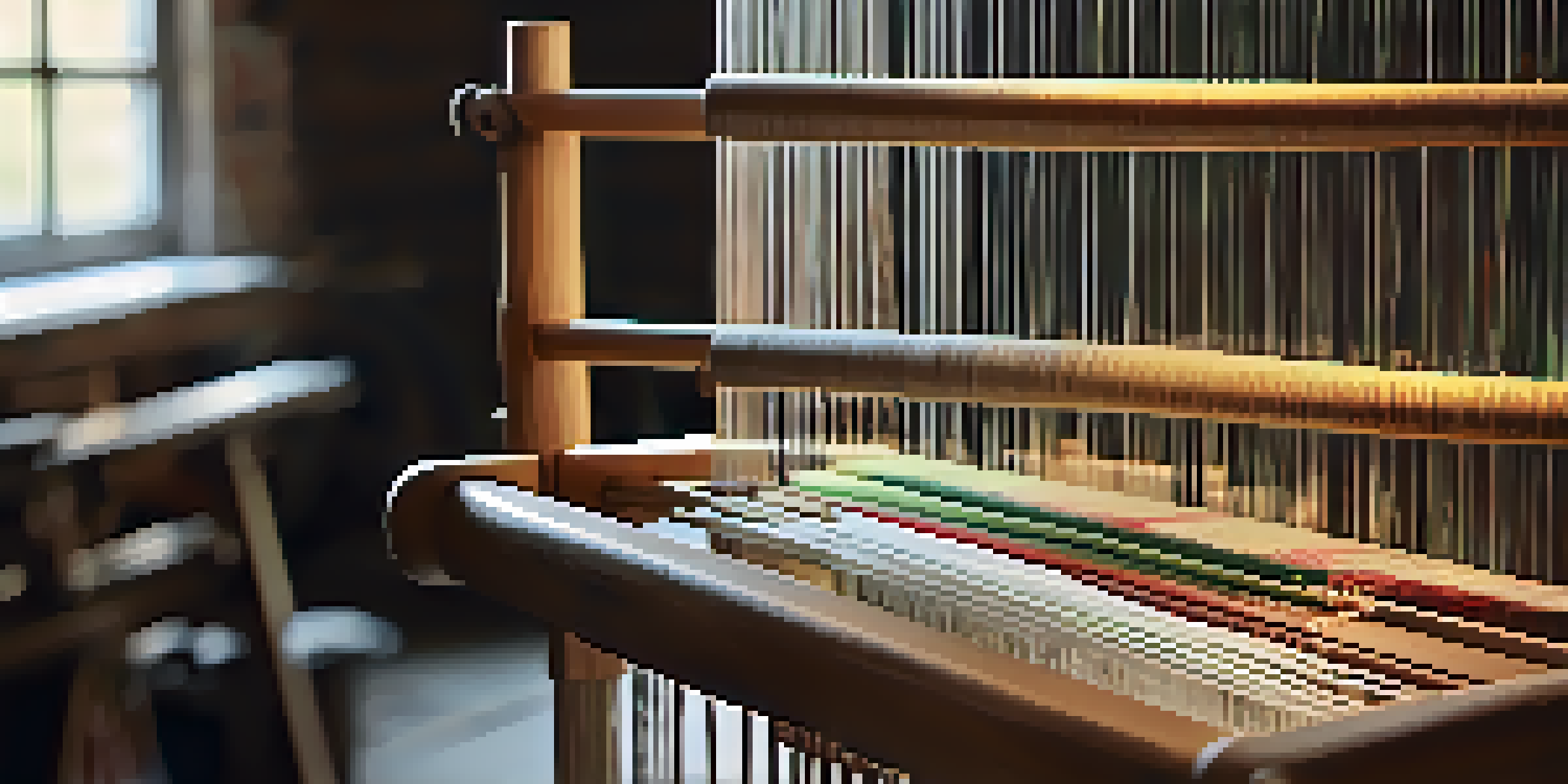 A detailed view of a wooden loom with colorful yarns in a bright workshop, highlighting the weaving process.