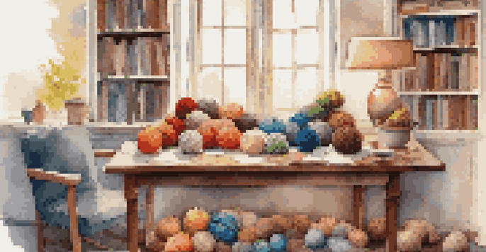 An indoor knitting workspace with colorful yarn balls, knitting needles, and a cozy chair.