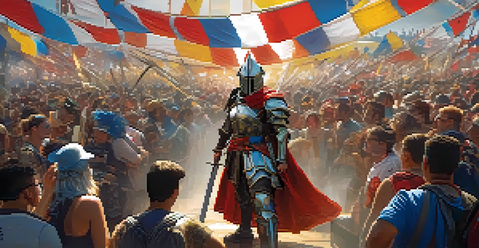A fierce warrior cosplayer poses dramatically at a convention, with detailed armor and an enthusiastic crowd in the background.