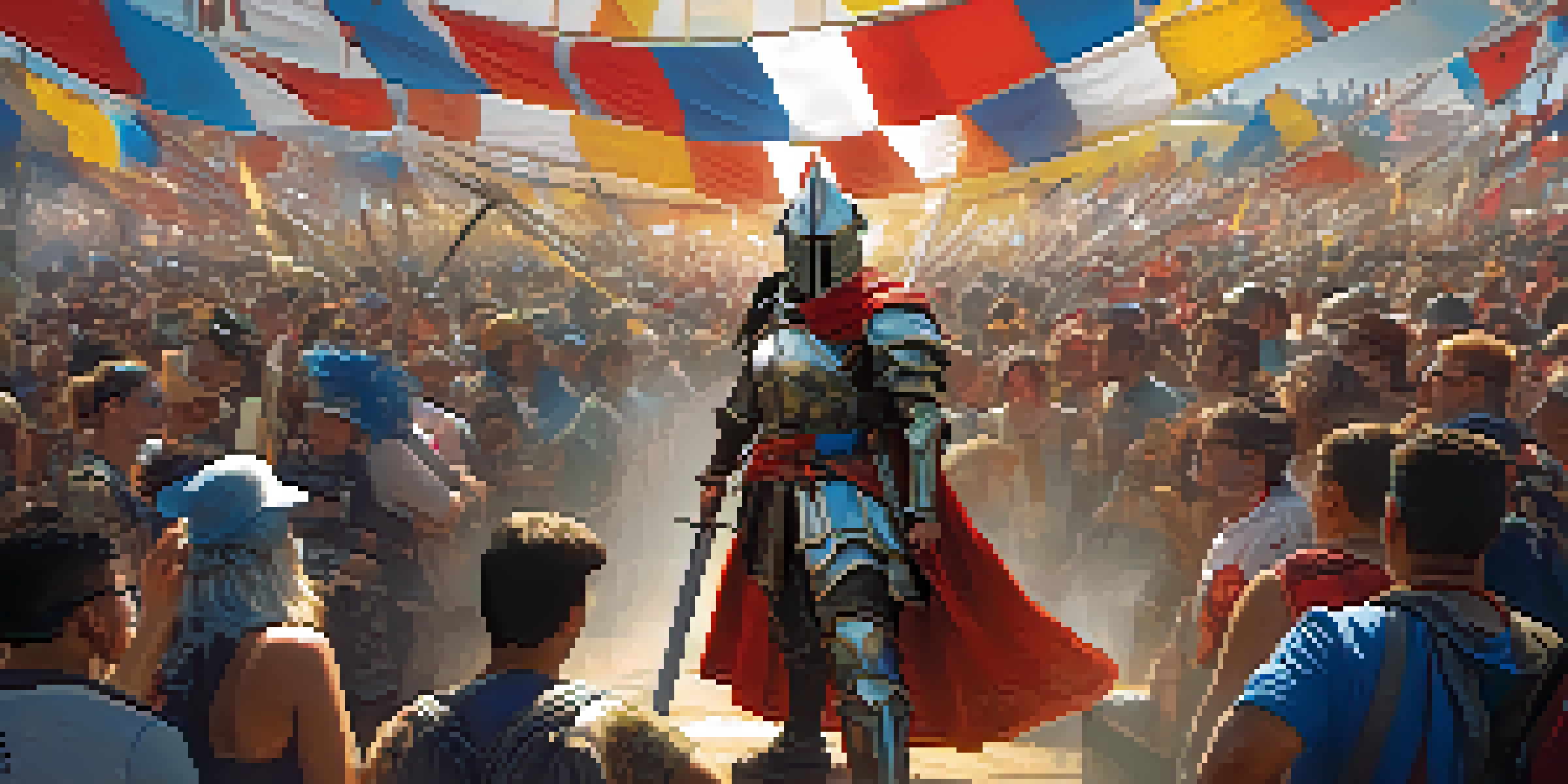 A fierce warrior cosplayer poses dramatically at a convention, with detailed armor and an enthusiastic crowd in the background.