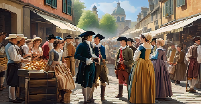 A vibrant 18th-century marketplace with men and women in period costumes interacting with colorful stalls filled with handmade goods.