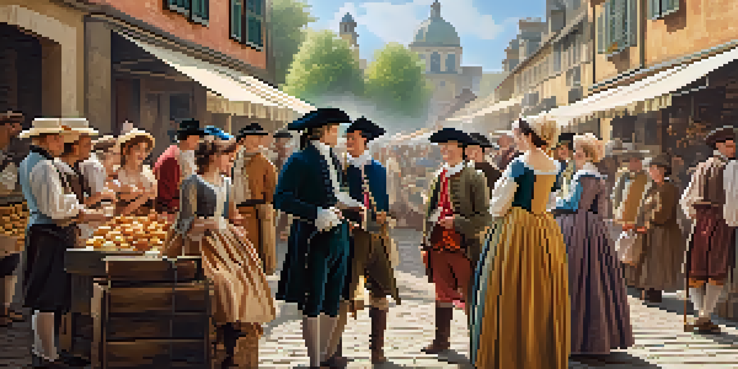 A vibrant 18th-century marketplace with men and women in period costumes interacting with colorful stalls filled with handmade goods.
