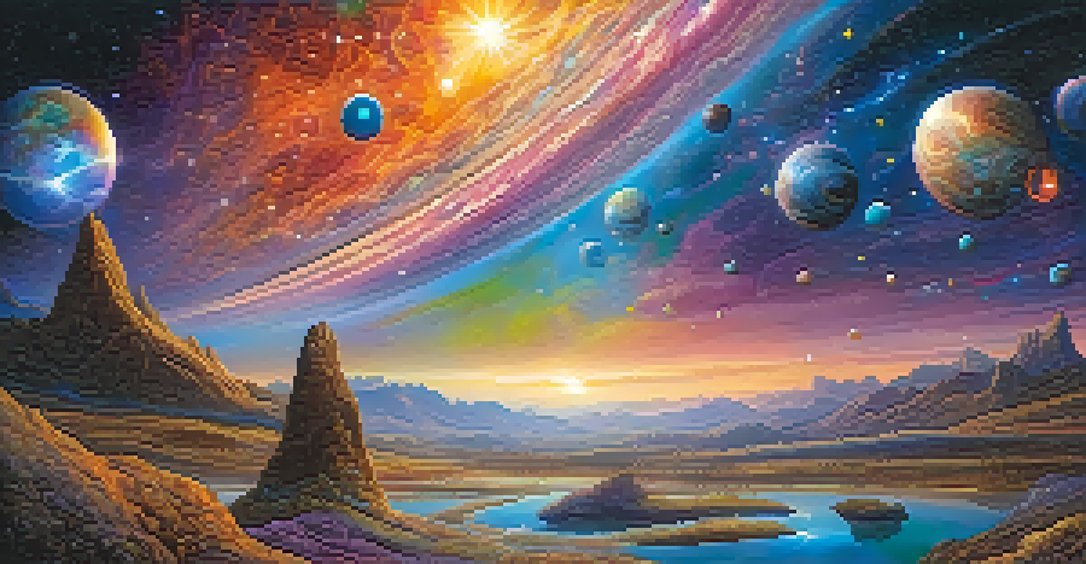 A colorful cosmic landscape of the astral realm with floating orbs and swirling galaxies.