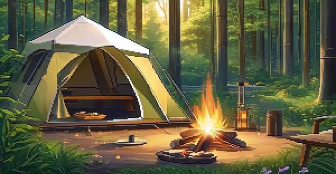A peaceful campsite in a green forest with a recycled tent, sunlight through trees, and a campfire.