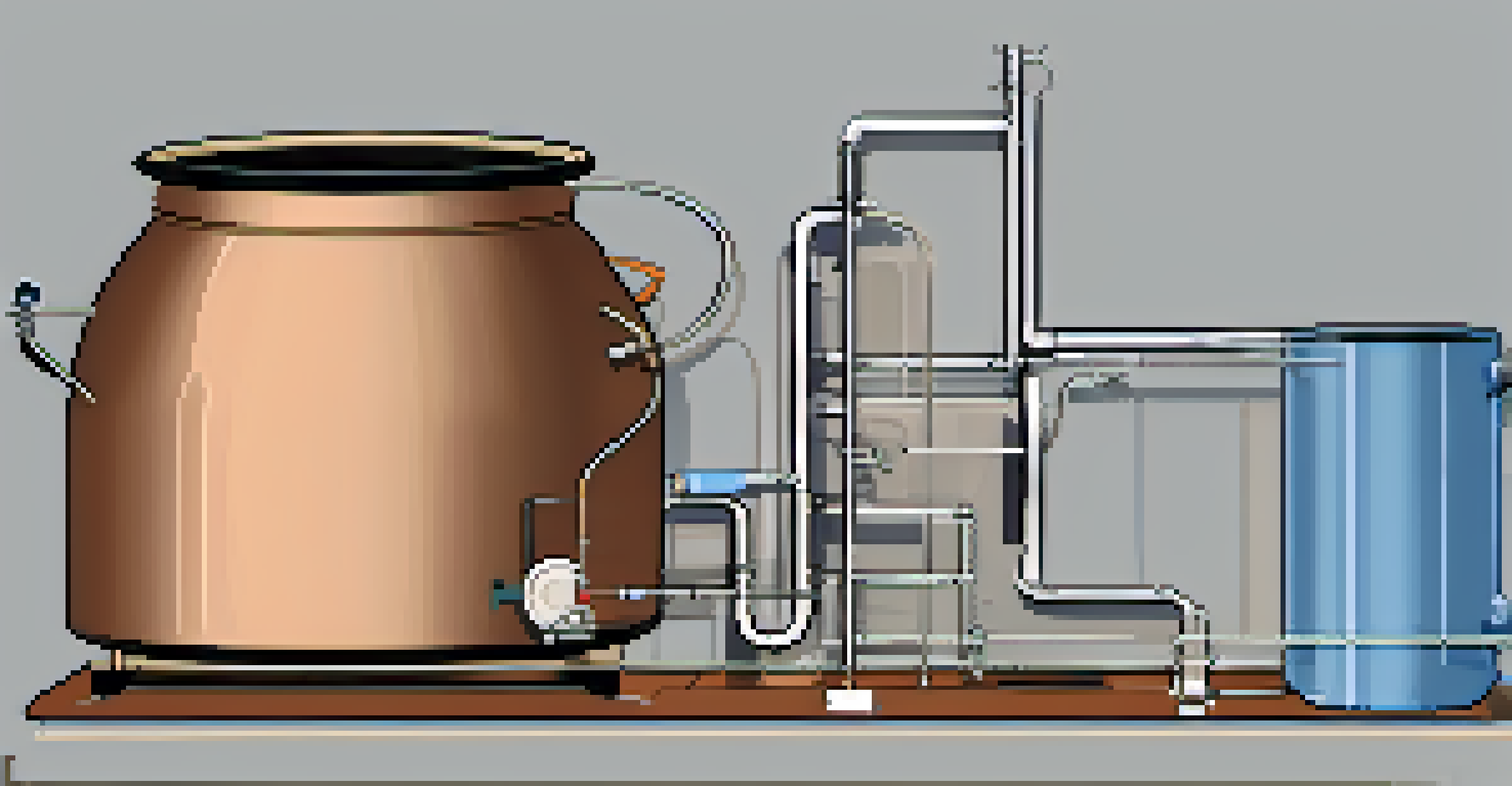A visual guide for building a simple pot still, showing labeled components on a clean, minimalist background.
