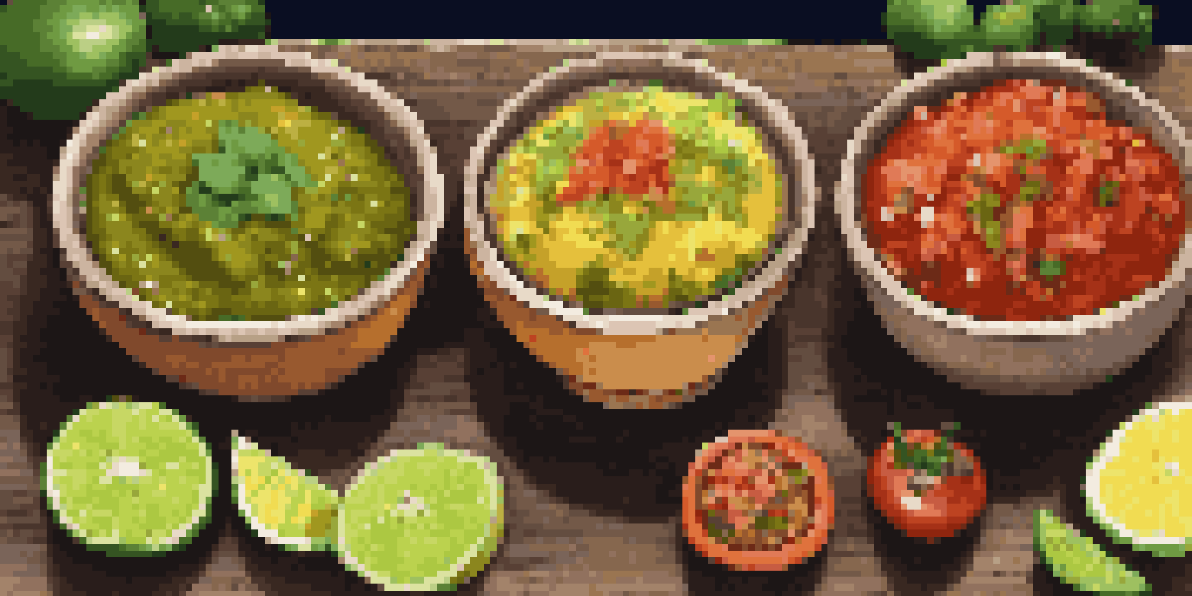 A colorful array of salsas in ceramic bowls, garnished with fresh herbs and served with tortilla chips and lime slices.