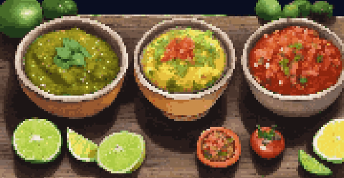 A colorful array of salsas in ceramic bowls, garnished with fresh herbs and served with tortilla chips and lime slices.