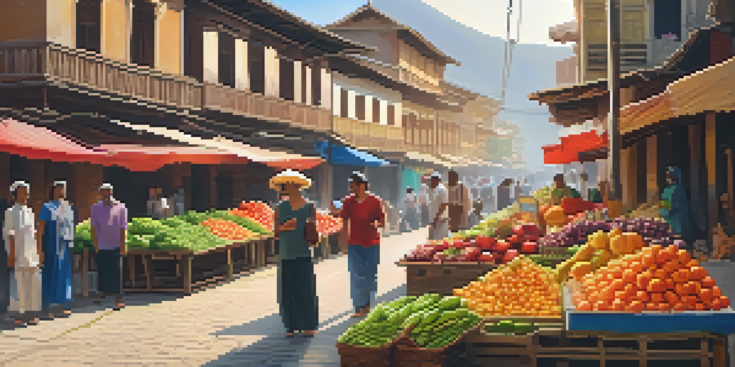 A bustling local market with colorful fruits and vegetables, locals interacting with tourists under bright sunlight, and traditional architecture in the background.