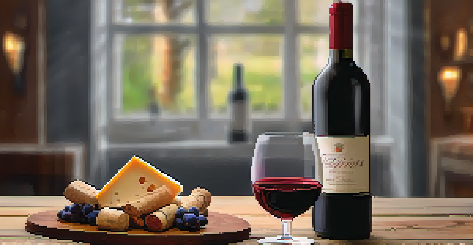 A wine glass filled with Tempranillo wine on a wooden table, with cheese and wine corks in the background.