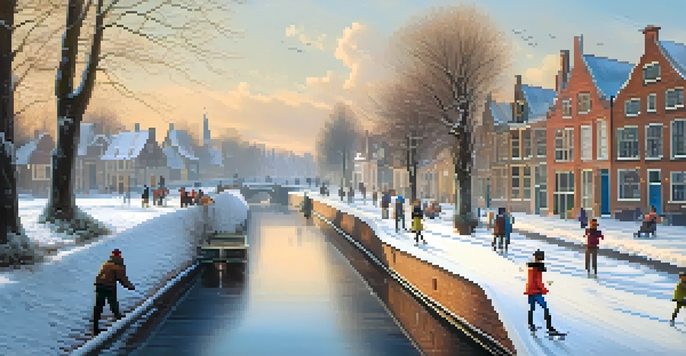 A winter scene of people ice skating on a frozen canal in the Netherlands, with traditional houses and snow-dusted trees.