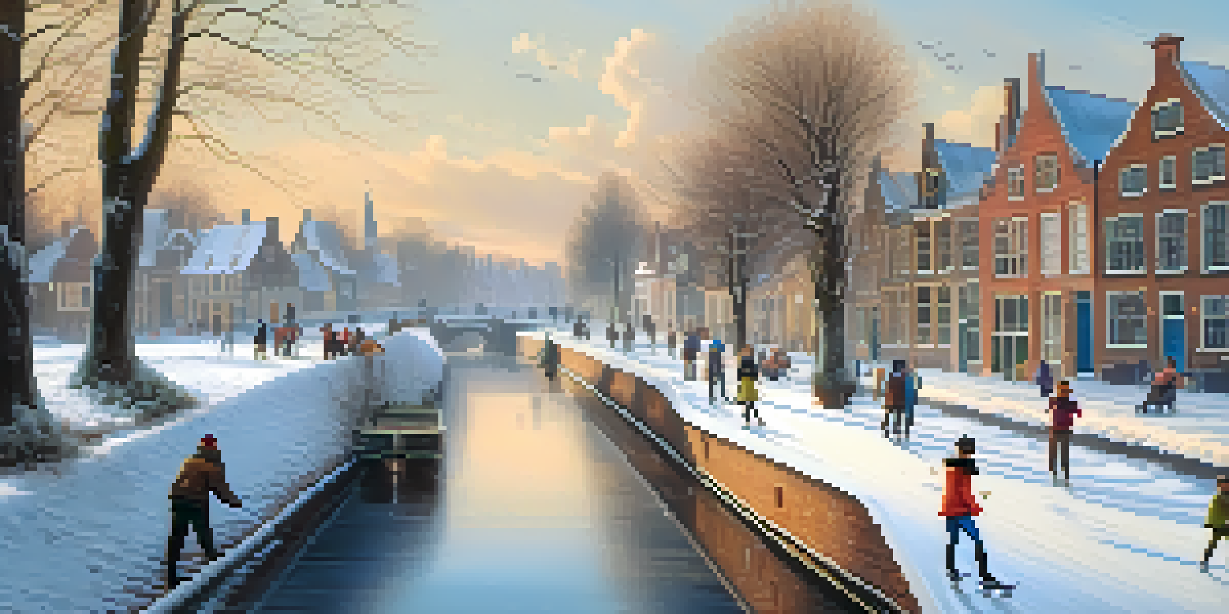A winter scene of people ice skating on a frozen canal in the Netherlands, with traditional houses and snow-dusted trees.