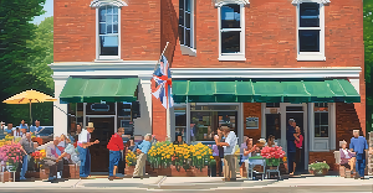 A vibrant outdoor scene of a historical society building with people gathering and sharing stories during a community event.