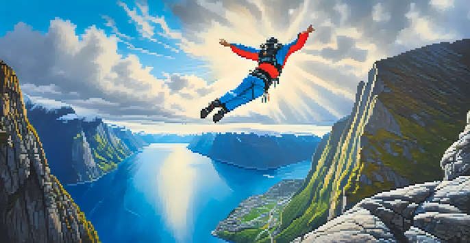 A base jumper in mid-air, jumping from a cliff into a fjord under a clear blue sky.