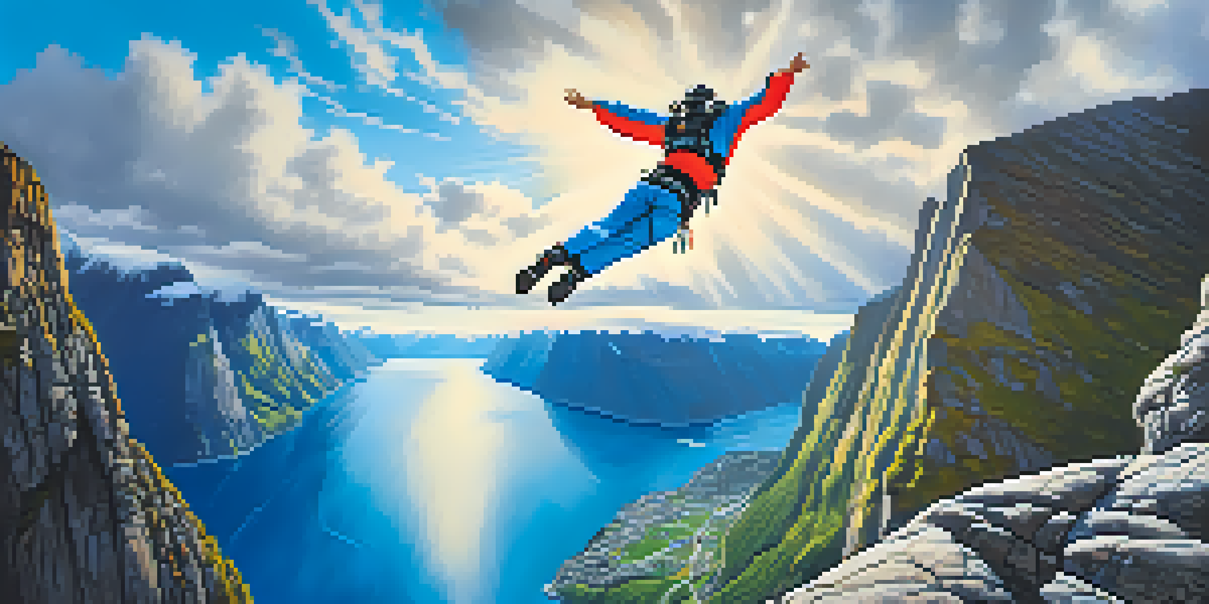 A base jumper in mid-air, jumping from a cliff into a fjord under a clear blue sky.