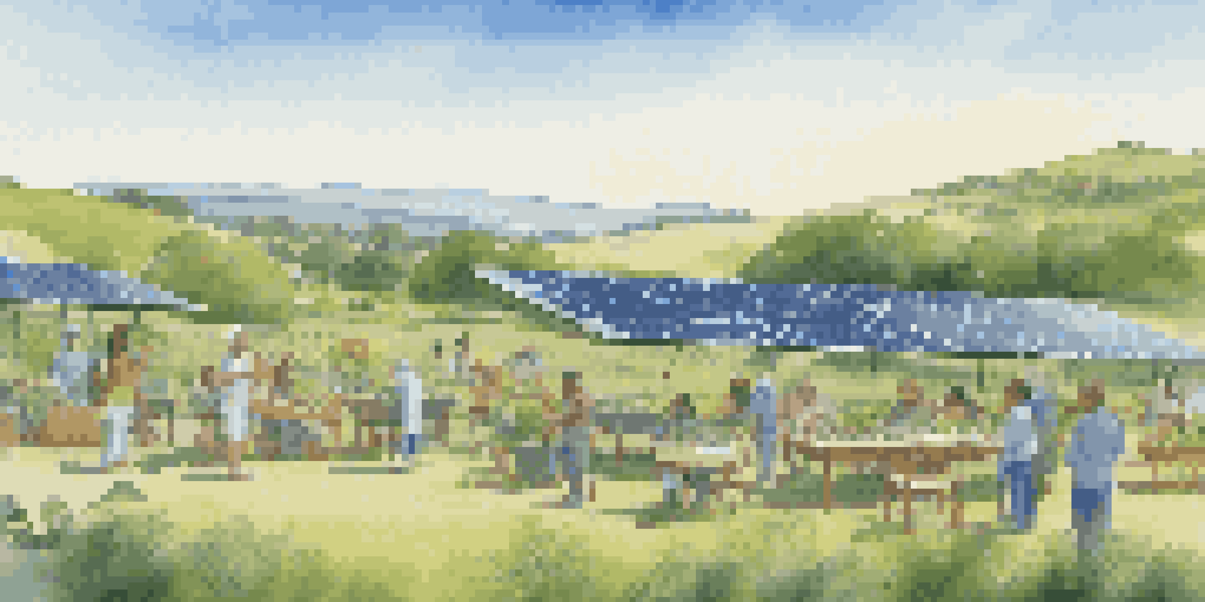 A diverse group of people discussing sustainable living around a table with plants, with solar panels and green hills in the background.