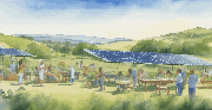 A diverse group of people discussing sustainable living around a table with plants, with solar panels and green hills in the background.